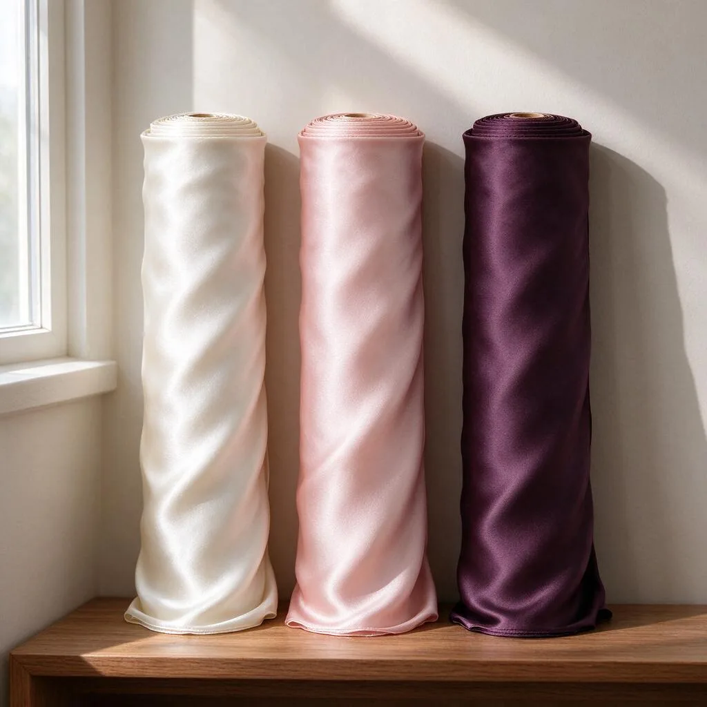 Bolts of plain fabric standing upright in a row on a wooden shelf