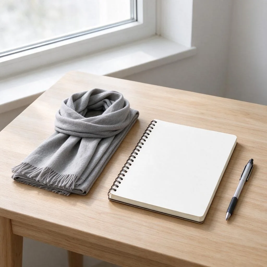 A folded plain scarf beside a blank notebook and a pen on a wooden table