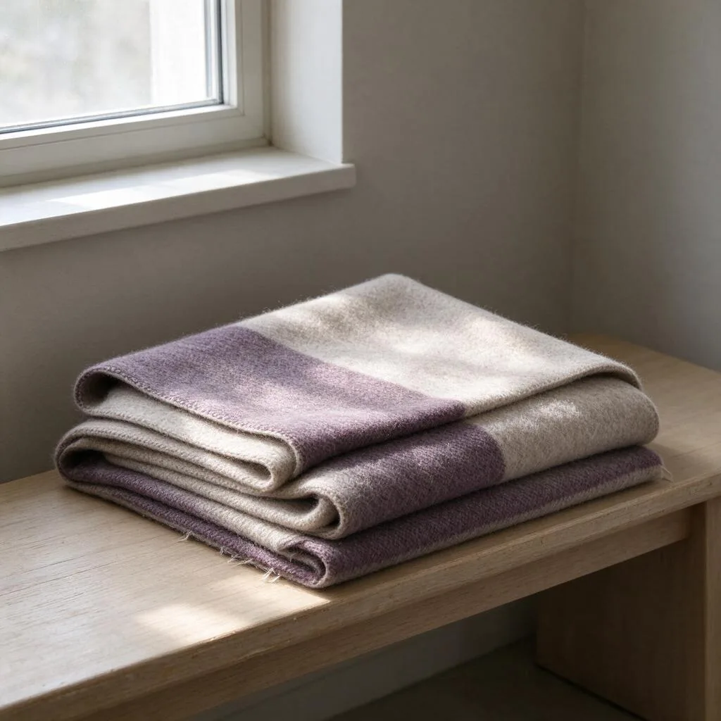 A folded shawl resting on a plain wooden bench beside a window