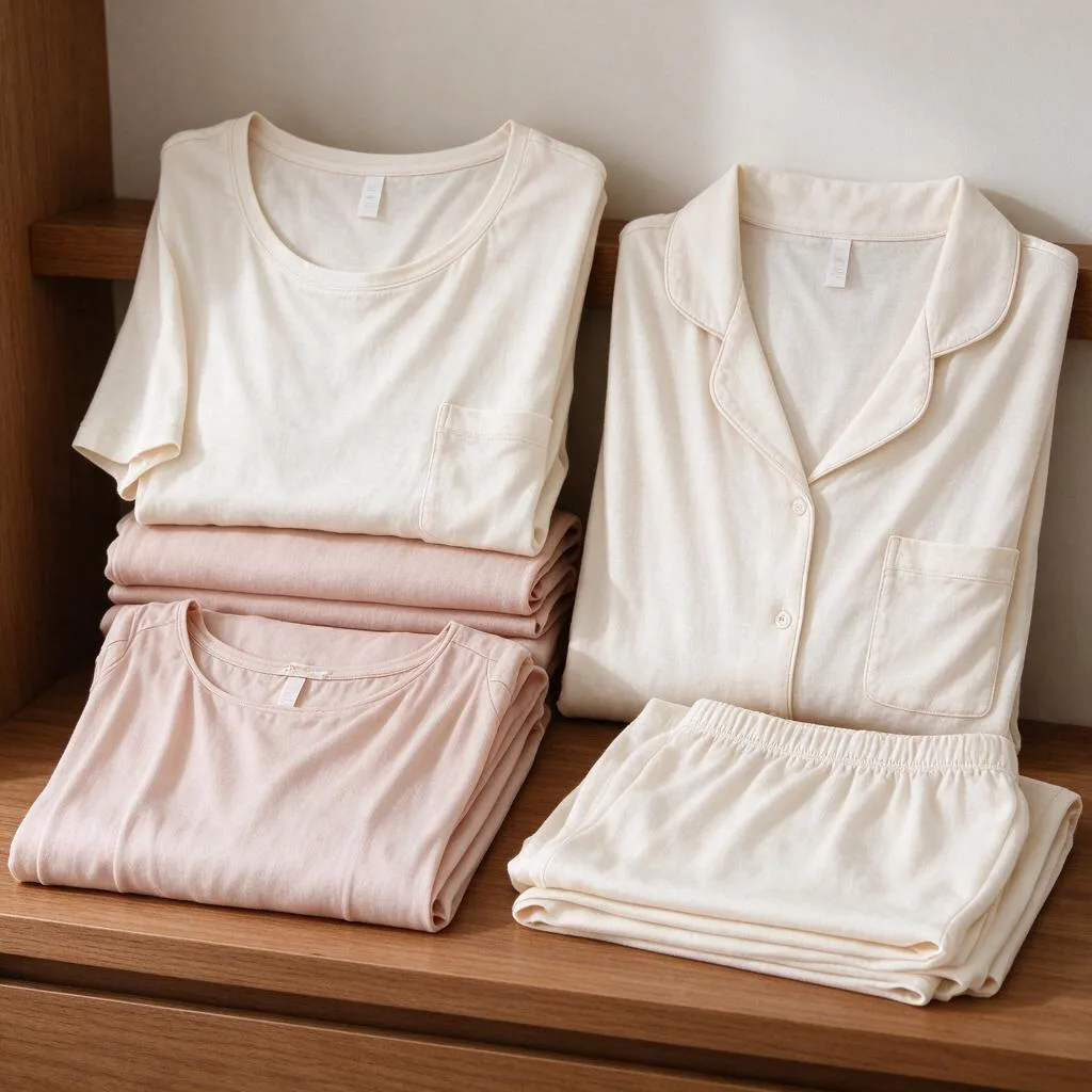Folded plain sleepwear garments arranged on a wooden shelf