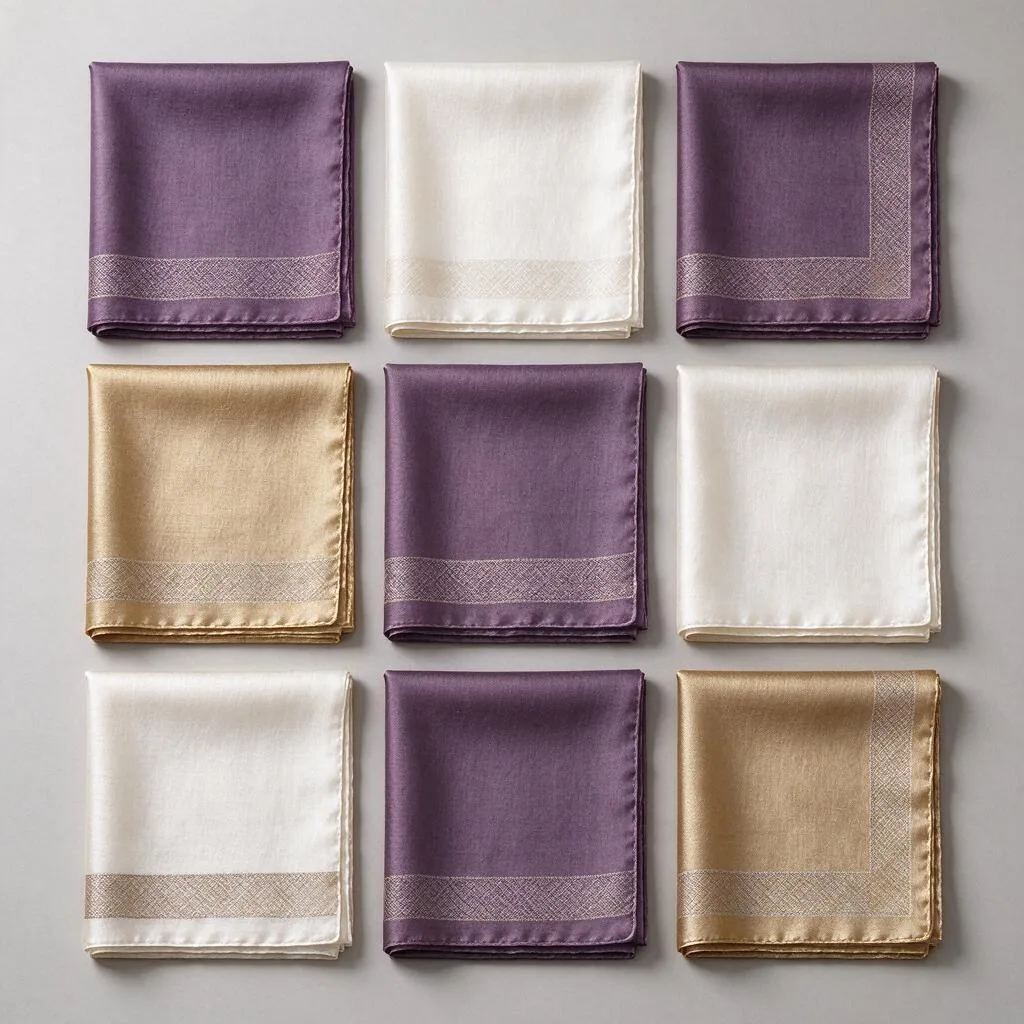 Folded square scarves arranged in a tidy grid on a plain table