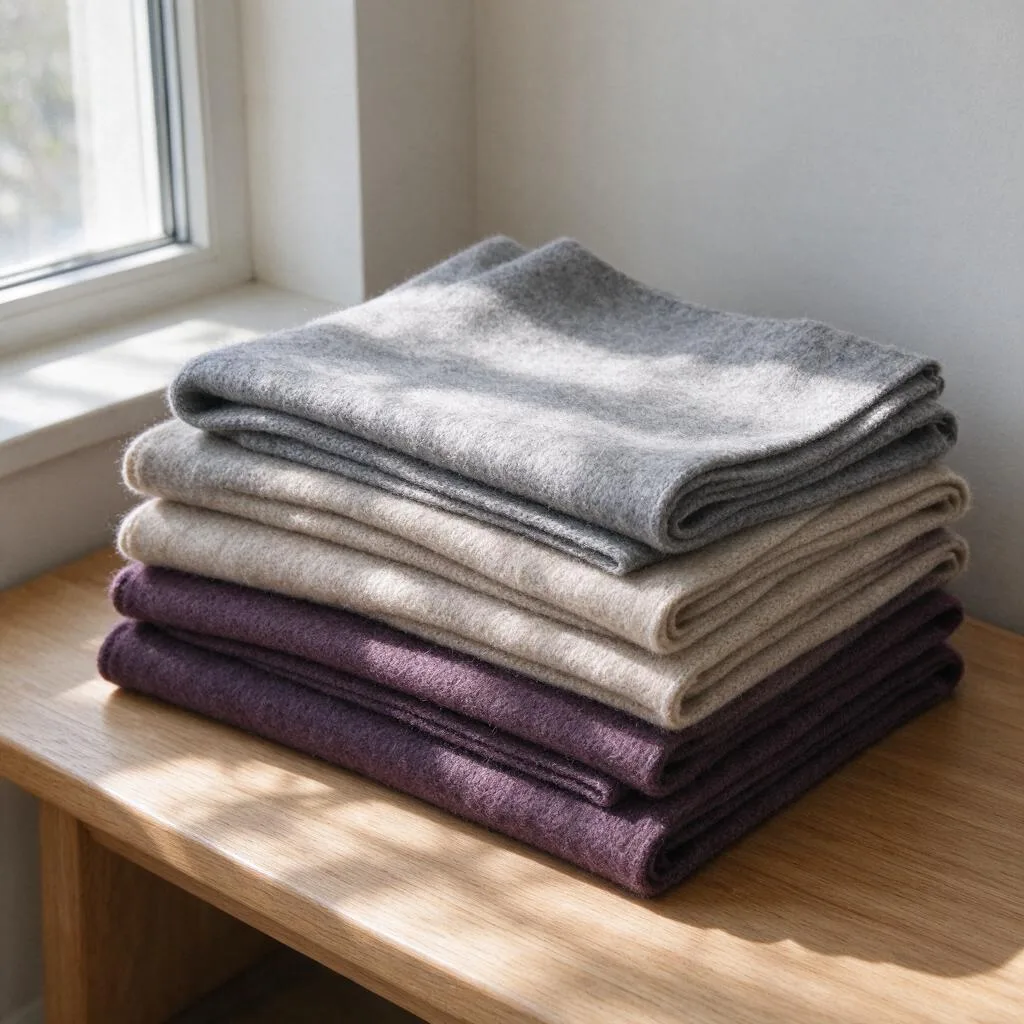 Folded scarves stacked on a plain wooden bench beside a window