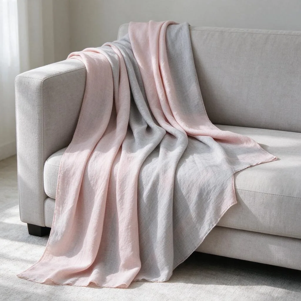 A large plain scarf draped over the arm of a plain sofa
