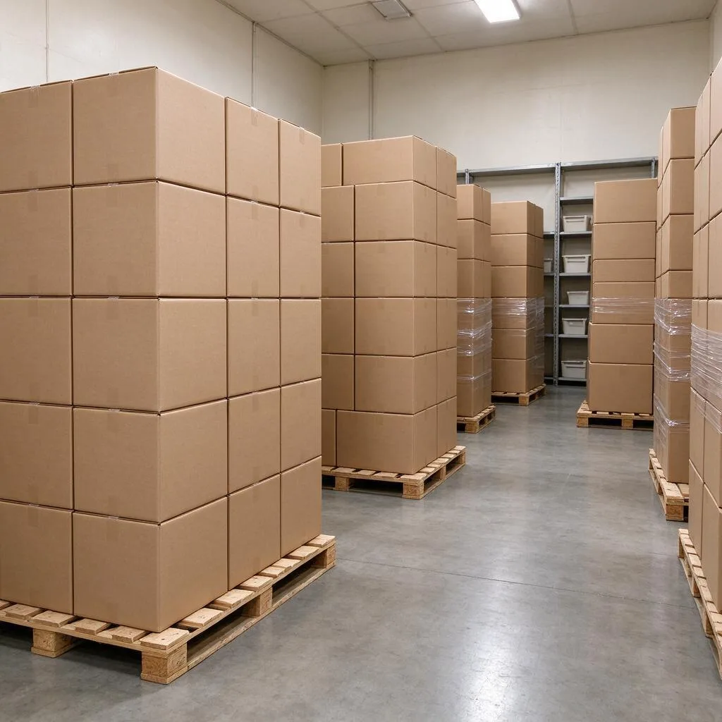 Plain unmarked cardboard cartons stacked on wooden pallets in a tidy storage room