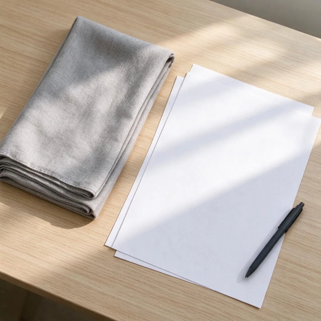 A folded plain scarf beside blank sheets of paper and a pen on a wooden desk