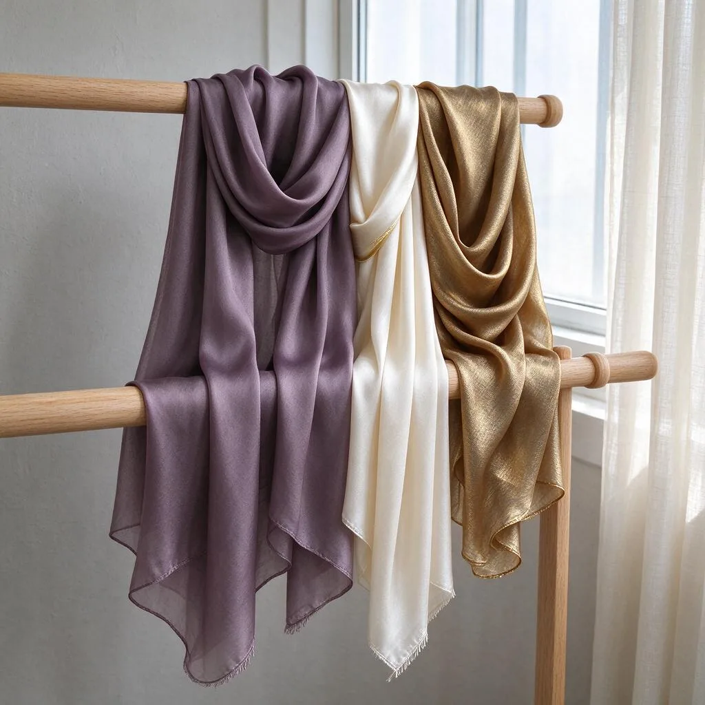 Scarves draped over a plain wooden rail beside a bright window