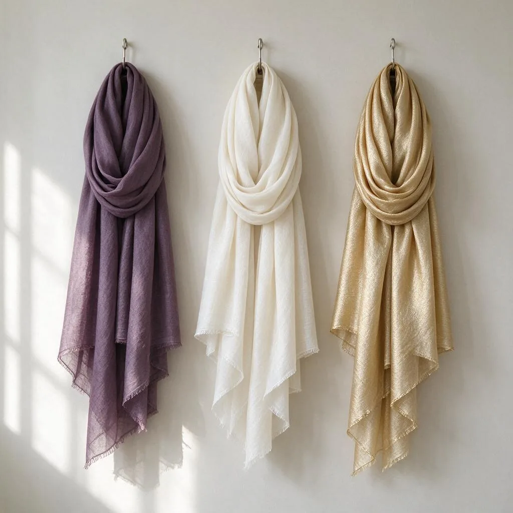 Plain scarves hanging from simple hooks on a plain pale wall