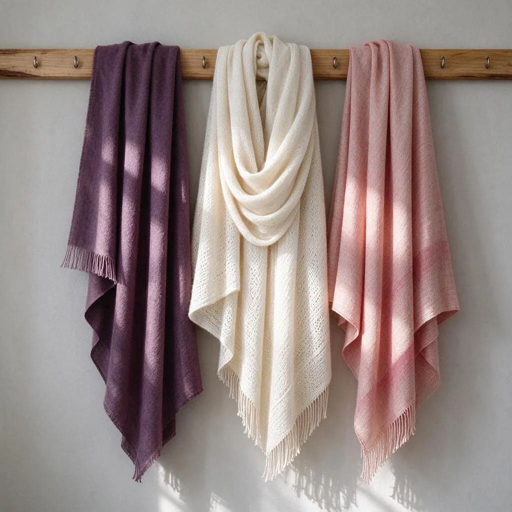 Shawls and wraps hanging from a plain wooden rail