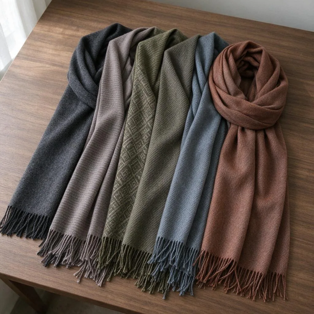 Several shawls spread flat on a plain wooden table