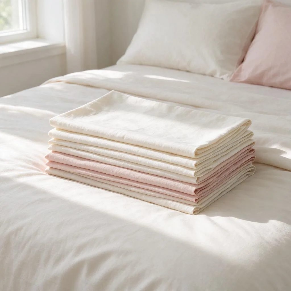 A neat stack of folded plain pillowcases on a bed with plain bedding