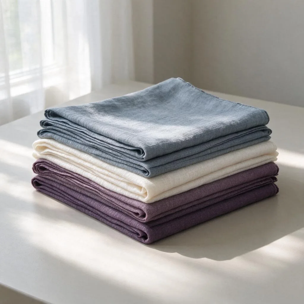 A stack of folded plain scarves on a plain table