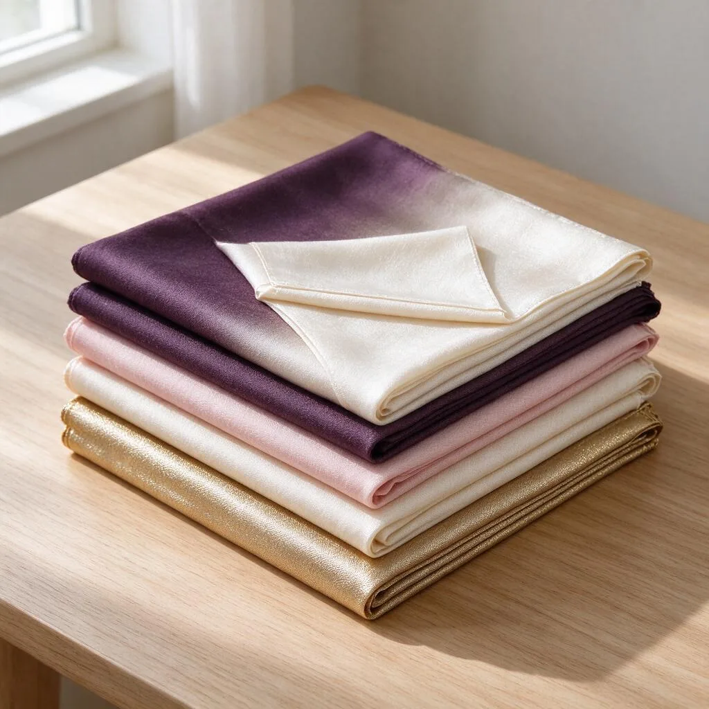 A neat stack of folded scarves on a plain wooden table