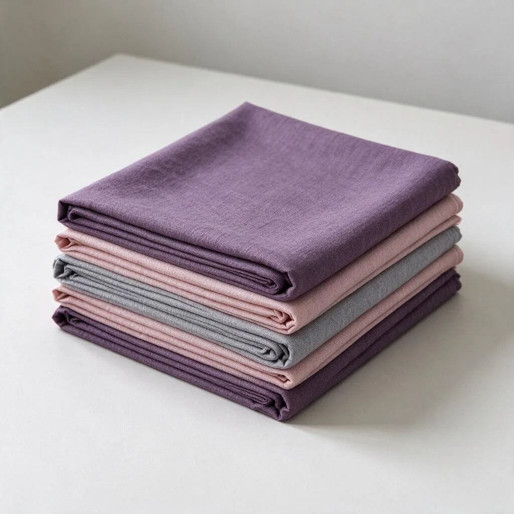 A stack of folded wraps on a plain table